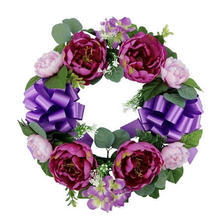 Mainstays 17in Outdoor Artificial Polyester Peony Wreath, Purple Color.