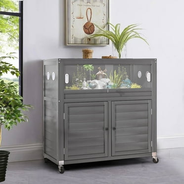 Reptile Terrarium Stand, 30 Gallon Reptile Tank with Adjustable Storage Cabinet, Wheels & Metal Mesh Roof Door, Reptile Habitat Enclosure for Snake/Lizard/Gecko/Tortoise