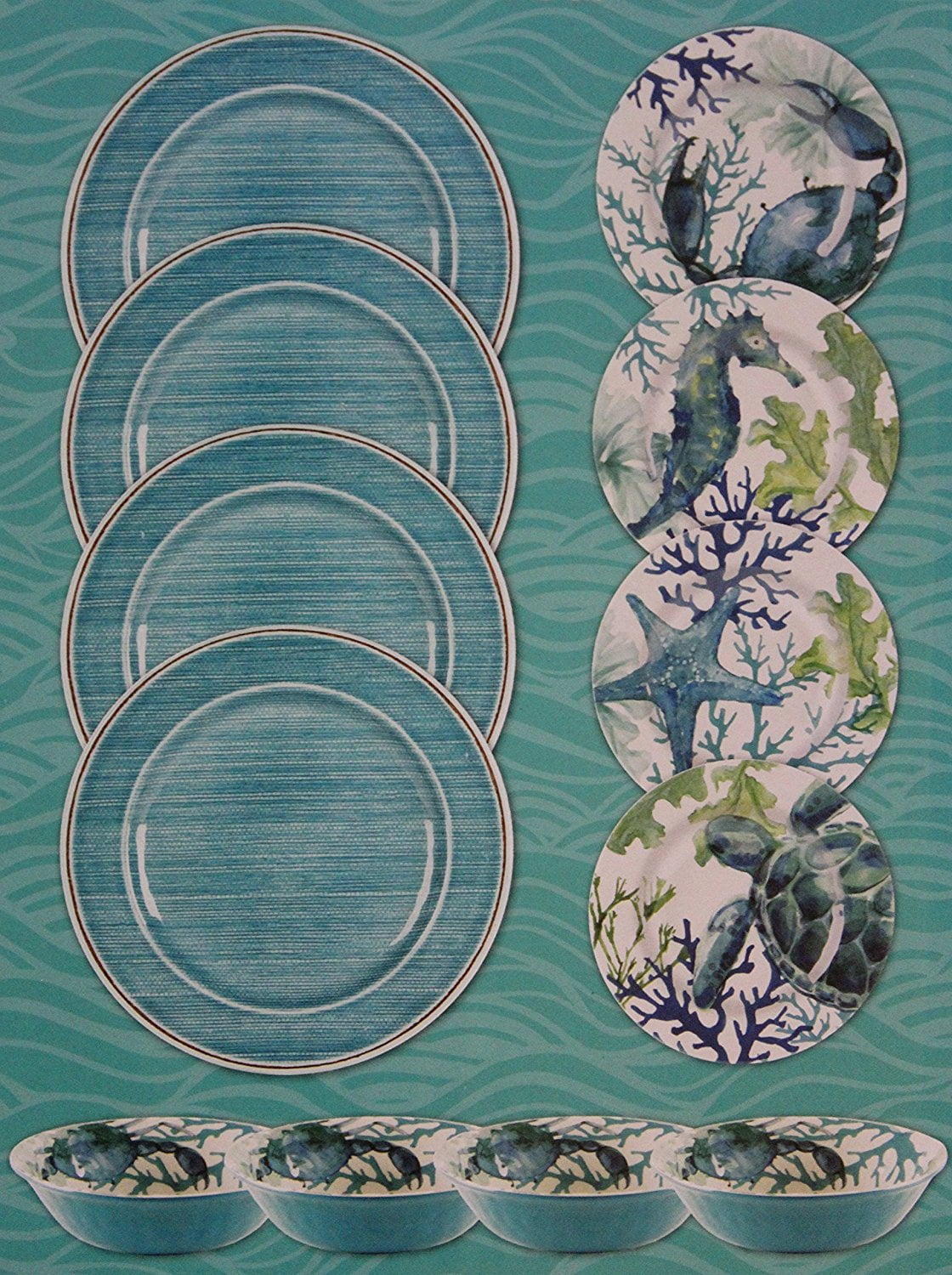 coastal collection outdoor living sea turtle melamine dinnerware on Melamine Blue Green Sea Life 12 Piece Dinnerware Set 4 Dinner Plates 4 Salad Plates 4 Bowls Walmart Com Walmart Com