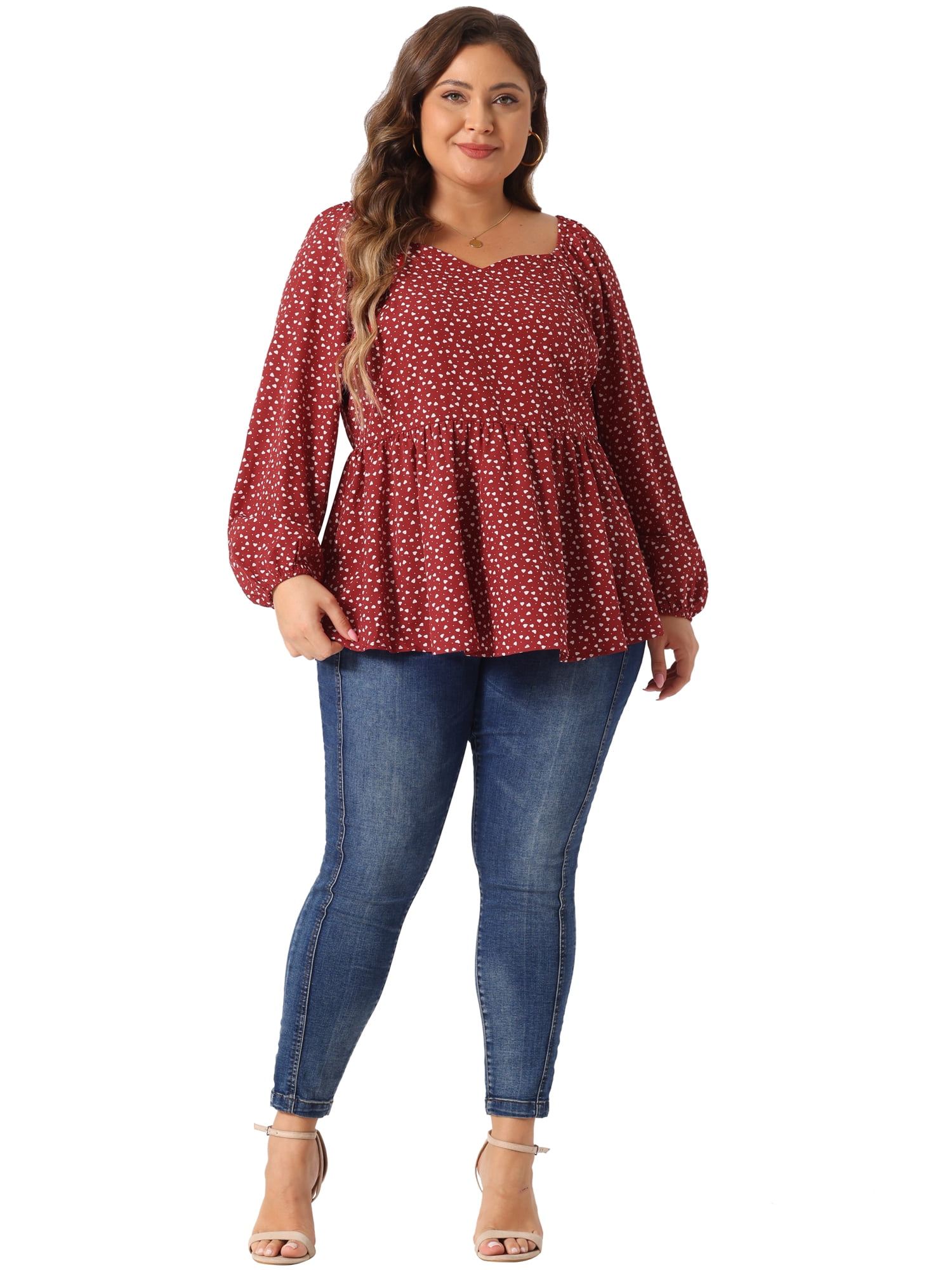 DARING DIVA Women's Plus Sweetheart Neck Long Sleeve Peplum Blouse 3X Burgundy