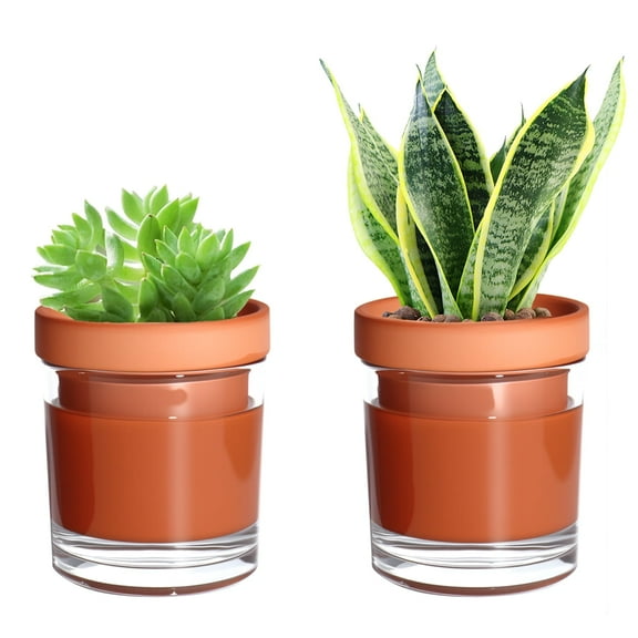 vensovo 4 Inch Self Watering Pots for Indoor Plants - Terracotta Self Watering Planters for Indoor Plants, Terra Cotta Plant Pots with Cylinder Glass Cup, Set of 2