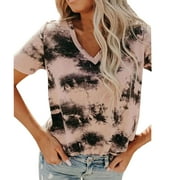 BYOIMUD Clothing Rollbacks Summer Leisure Tie Dye T Shirt Loose Fit V Neck Short Sleeve Pullover Blouse Holiday Basic Tees Shirt Top Blue