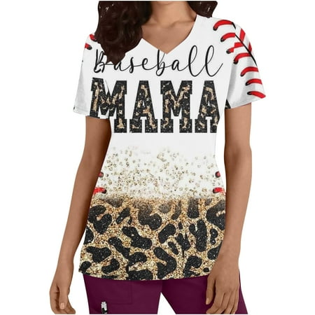 

JURANMO Baseball Print Scrub Shirt for Women V Neck Short Sleeve Graphic Tee Shirt Pocket Graphic Health Care Tunic Tops for Mother s Day