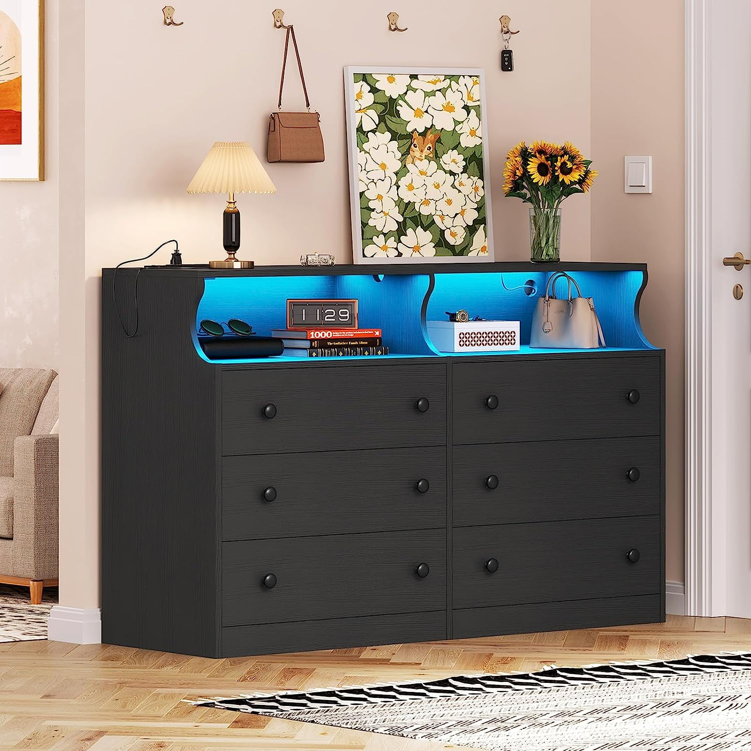 Black Dresser with LED Lights and Charging Station for Bedroom, Modern