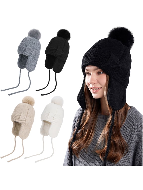 Nmnitkp Knit Sherpa Wool Unisex Hat with Micro Fleece Lining with Pattern - Ear Flaps - Toque - Beanie Black