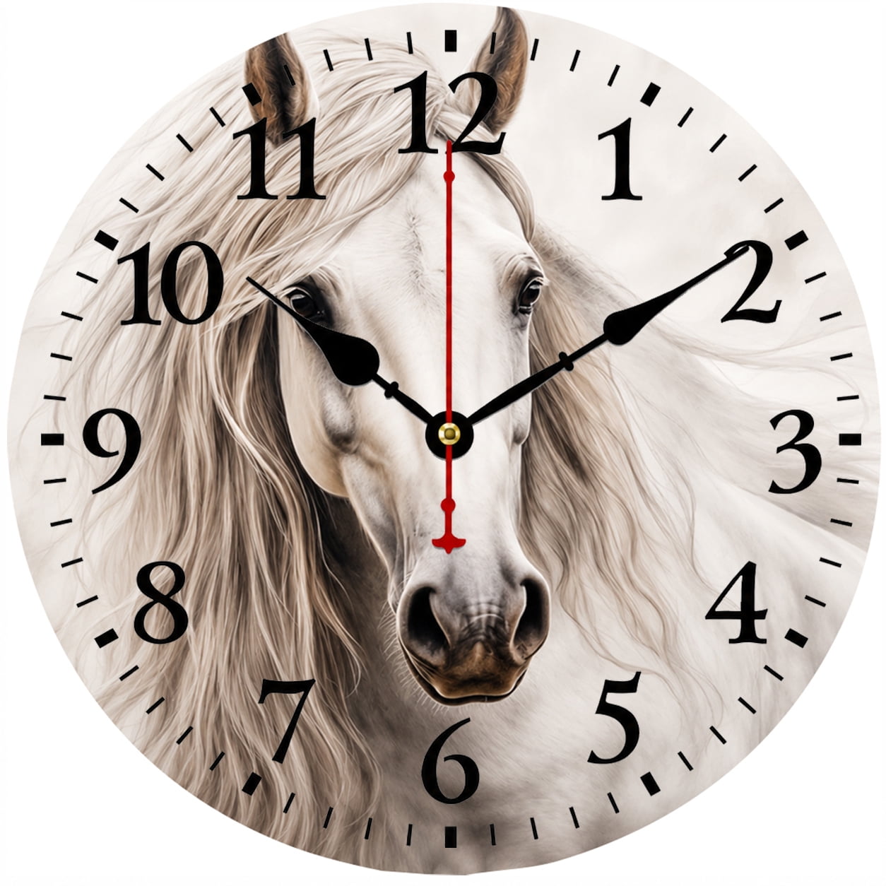 White Horse Wall Clock 9.84 Inch, Farmhouse Decorative Round Analog Wall Clock, Battery Operated Animal Clock for Living Room Bedroom Kitchen Home Decor