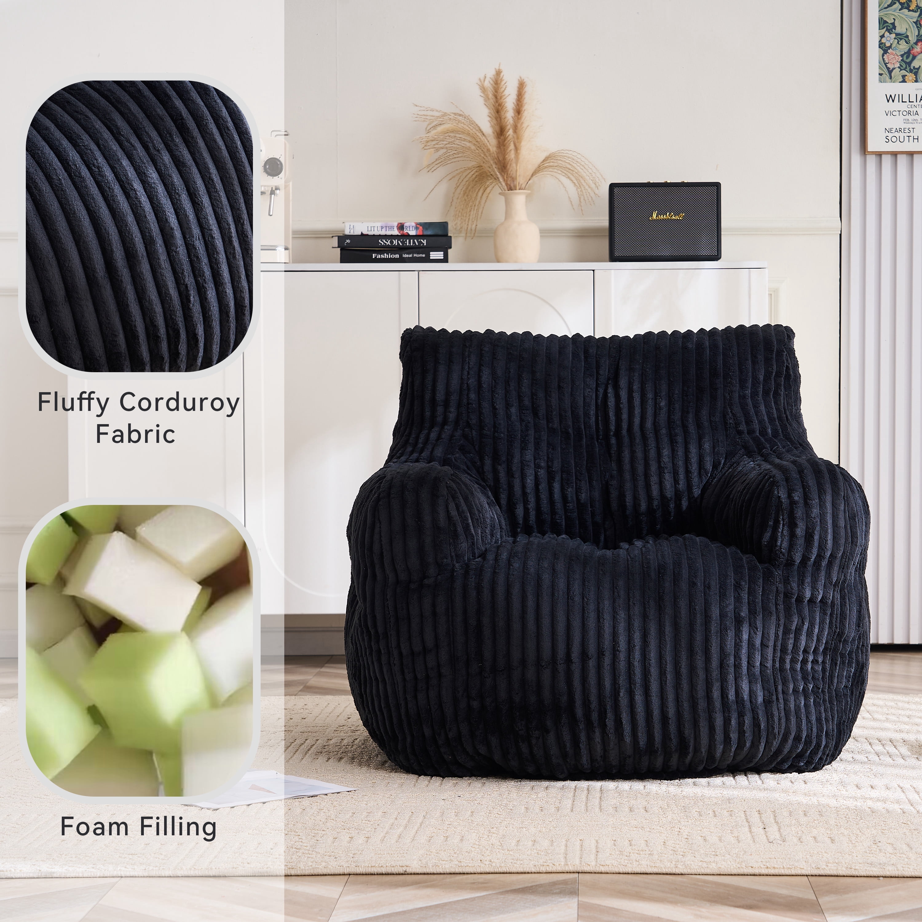 Soft Fluffy Corduroy Fabric Bean Bag Chair Filled With Memory Sponge,Black