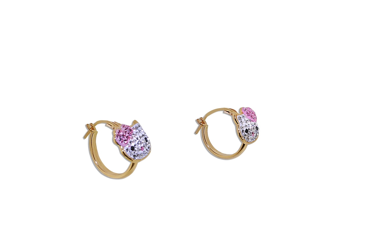14K Yellow Gold Pink And White Cubic Zirconia Hello Kitty Hoop Earrings by MJ