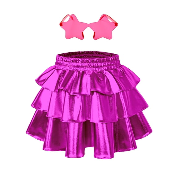 Falda corta metálica con volantes para niñas Perfashion, color rojo rosa, 6-7 años