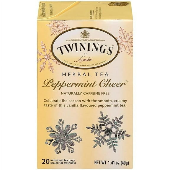 Twinings Tea - Peppermint Cheer, Special Edition Peppermint Tea Flavoured with Vanilla, Naturally Caffeine-Free Herbal Tea Bags Individually Wrapped, Holiday Tea Gifts, 20 Count