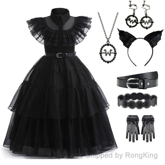 Wednesday Addams Costume Dress for Girls Halloween Dress Up with Accessories, Size 10-12Y