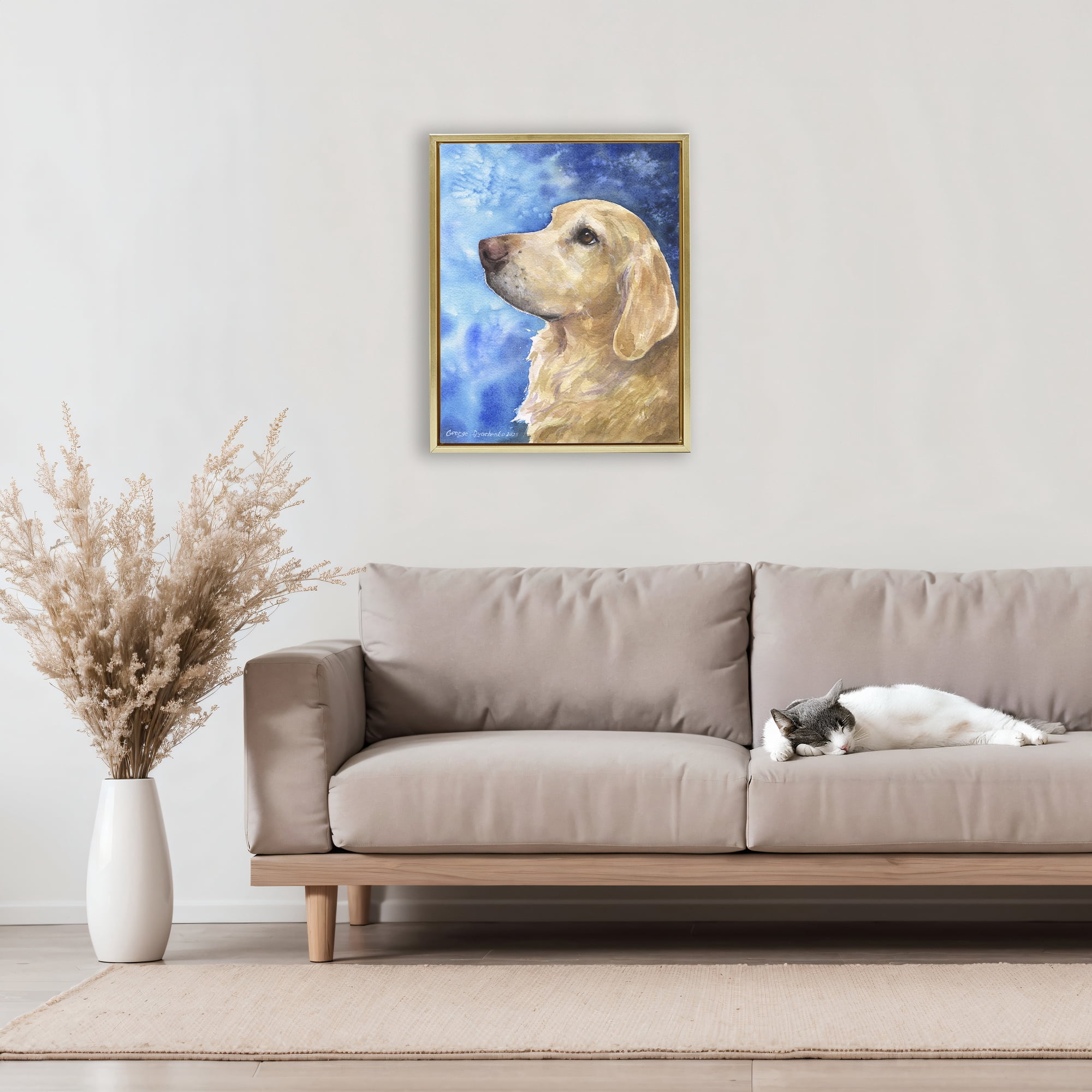 Stupell Industries Golden Retriever Portrait on Azure Gold Framed Floater Canvas Wall Art, design by George Dyachenko