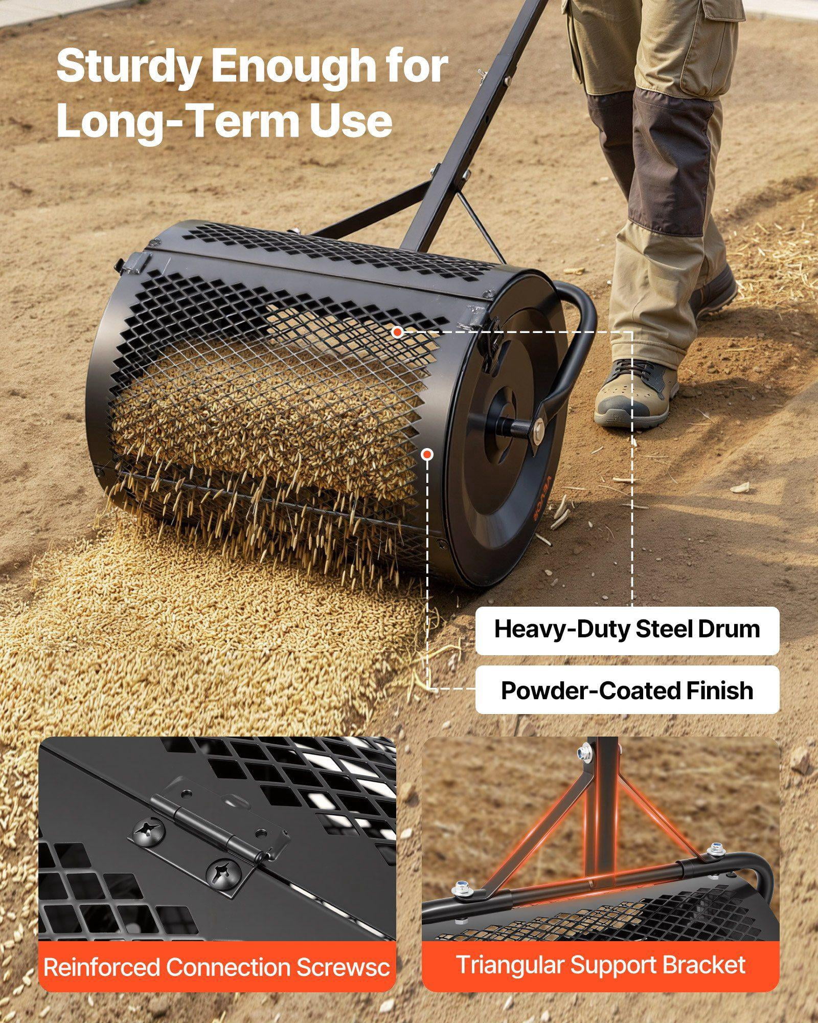 16.5 Inch Heavy Duty Garden Peat Moss Roller Spreader Adjustable T Handle Powder Coated Steel for Seeding Planting Black