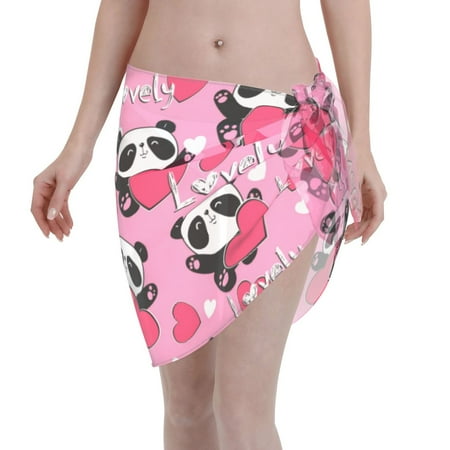 Coaee Panda Heart Valentine Pink Women s Short Sarongs Beach Wrap Sheer Bikini Wraps Chiffon Cover Ups for Beach  Swimming  Holiday