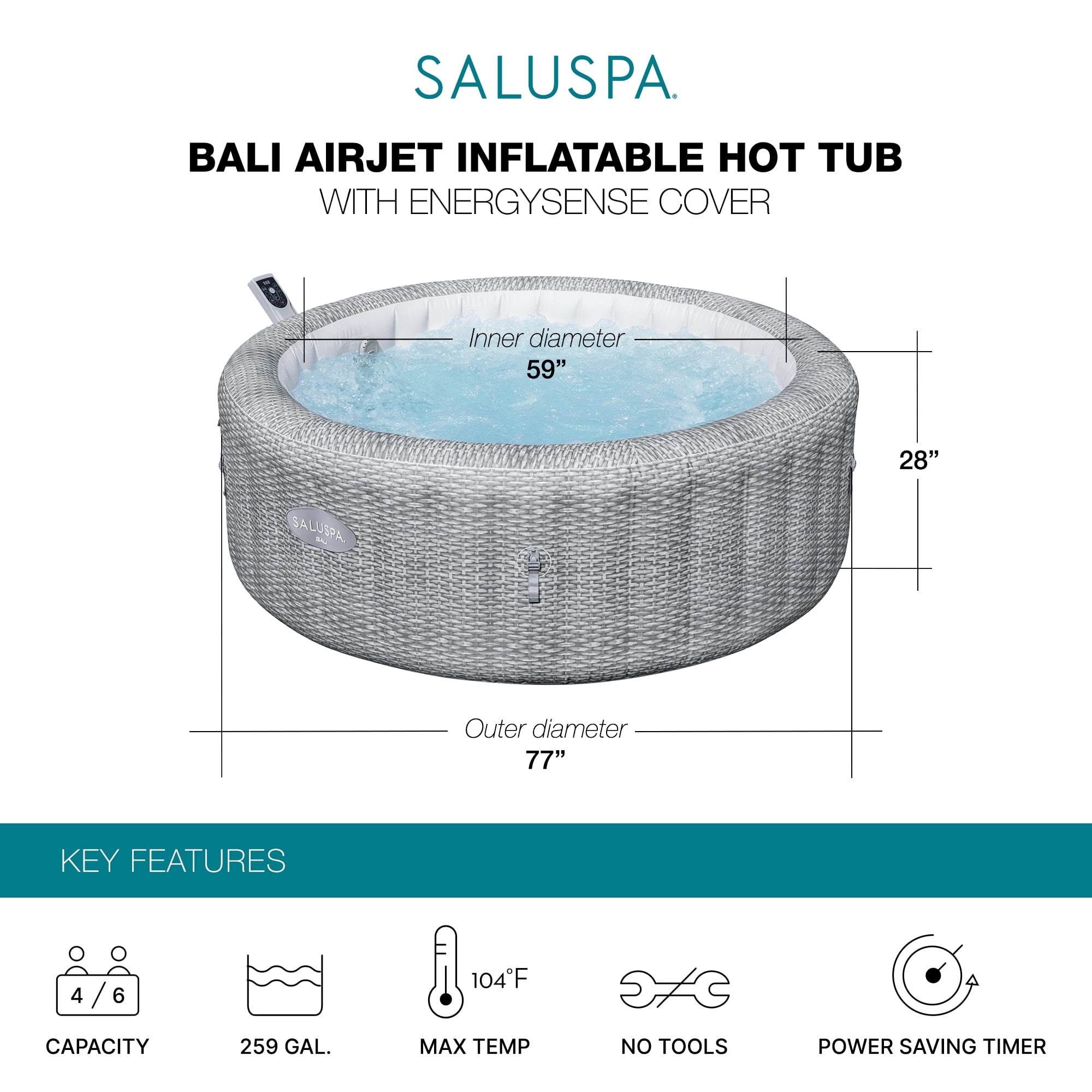 Bestway SaluSpa Bali 4-6 Person Inflatable Hot Tub, Round Energy-Efficient Spa, 77"x28"