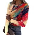 thumbnail image 3 of Women's Tops Long Sleeve Vintage Texture Oil Painting Print T-Shirts Slim Fit Going Out Tunic Tops Casual Crew Neck Fall Tee Top Orange S, 3 of 6