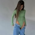 thumbnail image 3 of Women'S Crew Neck Long Sleeve Bodysuit Second-Skin Feel Tops Light Green L, 3 of 7