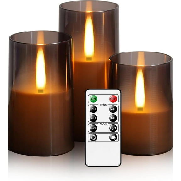 Flameless LED Candles, Upgraded Realistic Flickering Pillar Battery Operated Candles with Remote Timer, Acrylic Electric Set of 3 for Romantic Ambiance and Home Decoration（Grey）