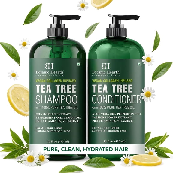 Botanic Hearth Tea Tree Shampoo and Conditioner Set infused with Vegan Collage, 16 fl oz each - Sulfate & Paraben Free - for Itchy and Dry Scalp - Men and Women