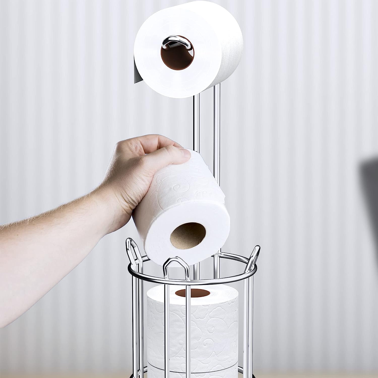Meangood Toilet Paper Holder Stand and Tissue Roll Dispenser for 4 Mega Rolls, Bathroom Free Standing Storage Rack, Metal Wire Silver