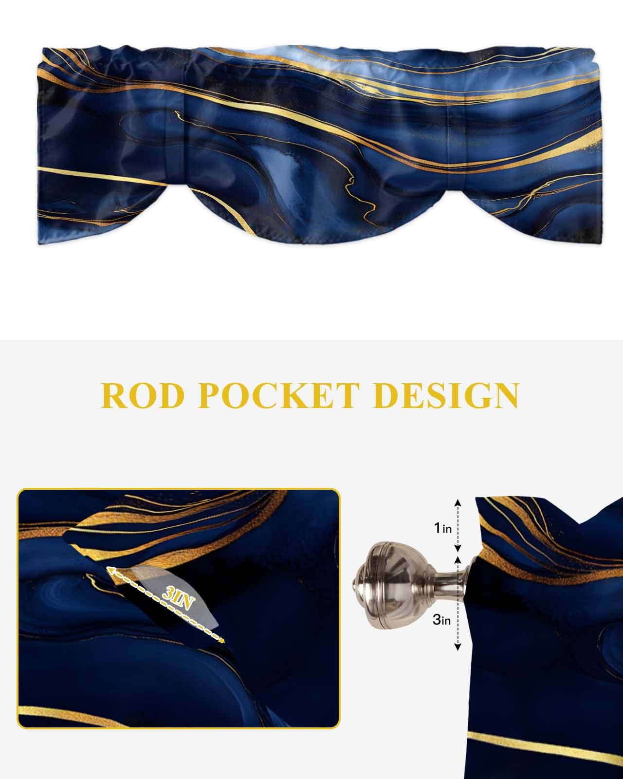 Marble Texture Tie Up Valances Curtain, Adjustable Kitchen Modern Blue Golden Fluid Art Valances for Windows Decor, Rod Pocket Short Curtains Set for Bedroom/Bathroom, 60"x18"
