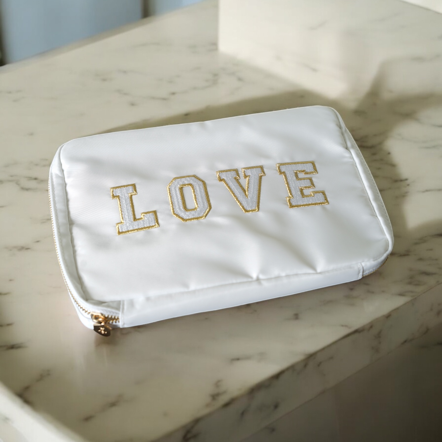Hives and Honey Women's Bryn Nylon Jewelry Accessory Travel Pouch with Embroidered Letters in White