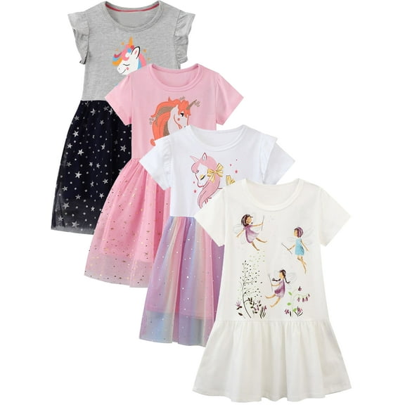 WIBACKER 2-7T Toddler Girls Dress Short Sleeve Tunic A-Line Tiered Swing Dresses for Little Kids - 1Pcs White Fairy