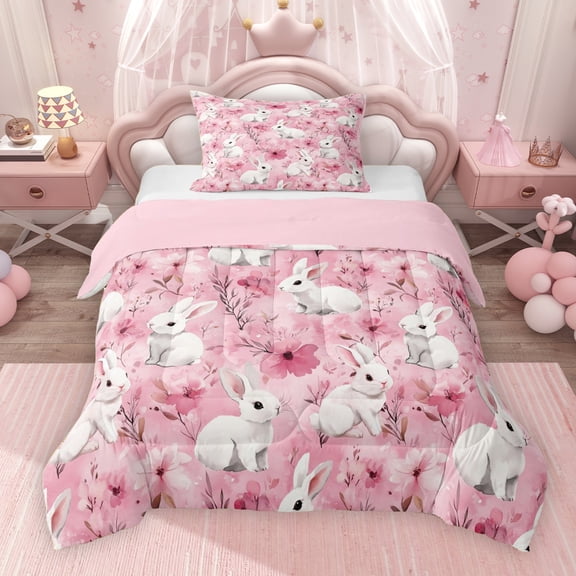 Erosebridal White Rabbit Twin Comforter Sets for Girls, Pink Floral Bedding Set, Pink Reversible 2 Pieces, 1 Comforter and 1 Pillowcase