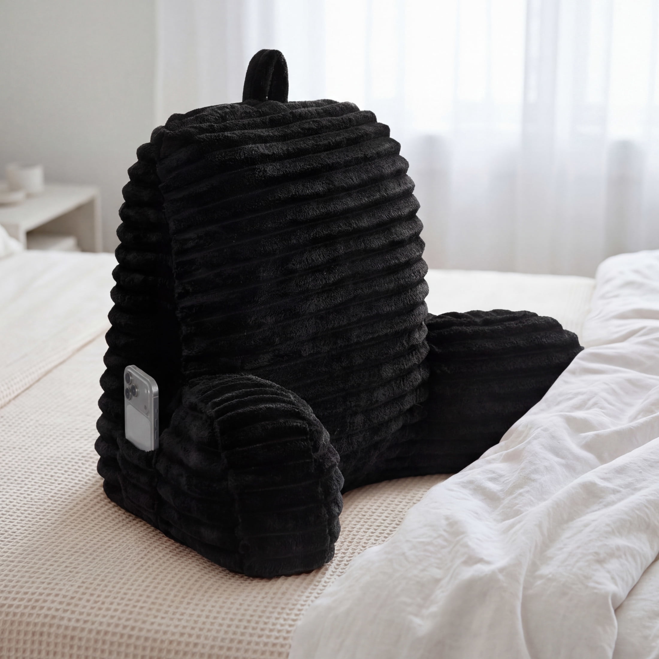 The Sheet Lab Ribbed Plush Backrest Pillow with Armrests, Black, 29 x 24.5 x 10.5 Inches