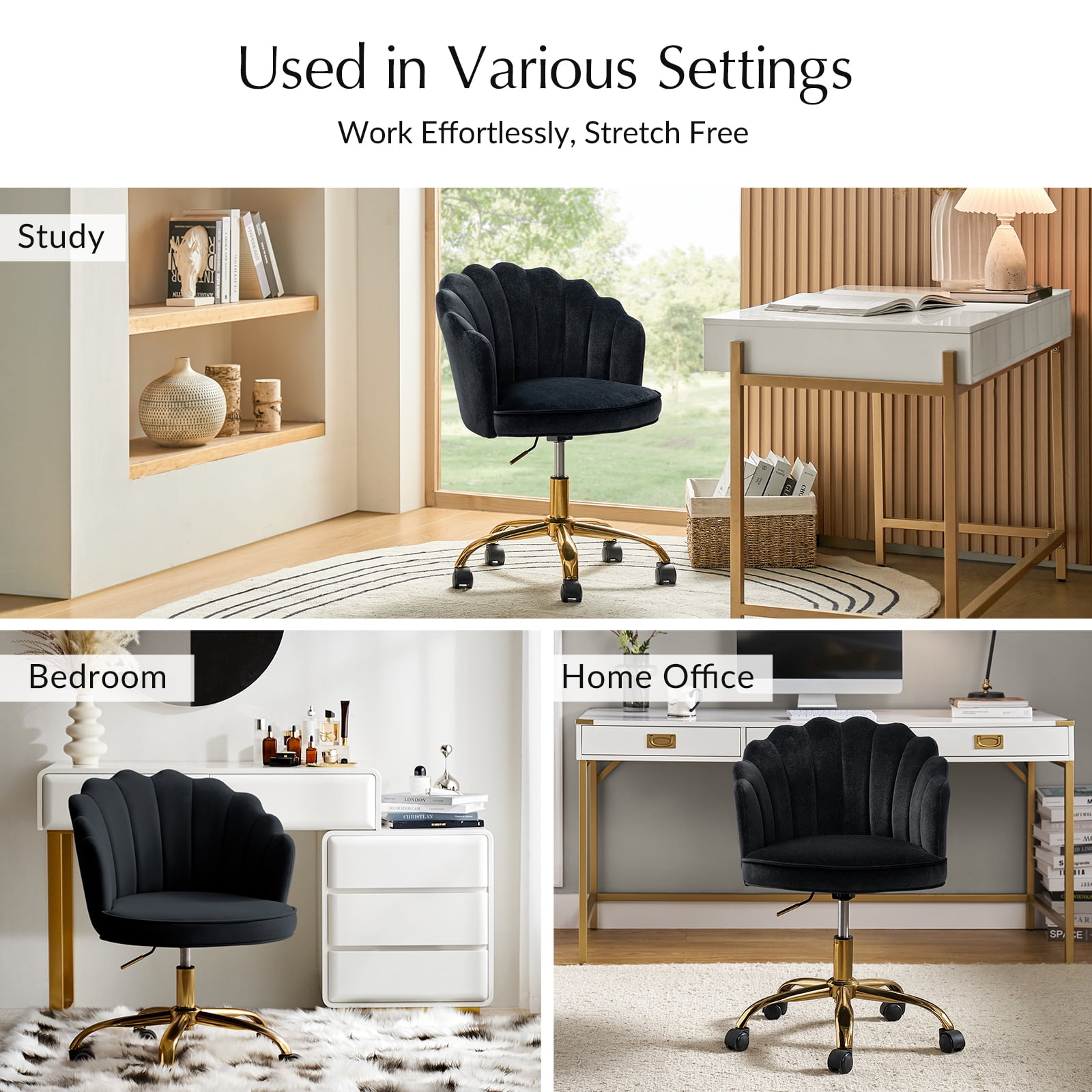 Office Chair Velvet Upholstered Task Computer Desk Shell Makeup Vanity Swivel Adjustable Metal Gold Base Bedroom Black