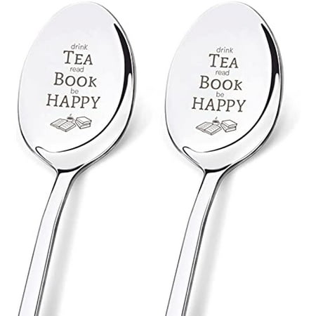 

2 Pieces Drink Tea Read Book Be Happy Spoon Engraved Stainless Steel Espresso Spoon Funny Coffee Lovers Gift for Friends or Family