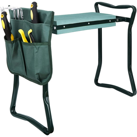 Portable Garden Kneeler and Seat with Thick EVA Foam Pad, Foldable Gardening Stool Bench with Tool Pouches, Heavy Duty Steel Frame Kneeling Bench for Seniors, Women & Men, Green