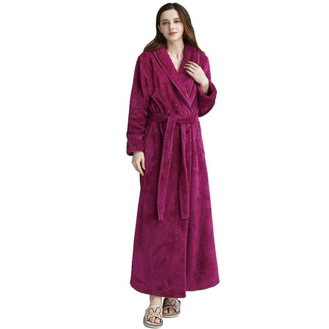 Peignoir en Polaire pour Femmes avec Taille Élastique Long Chaud Robe de Bain Unie