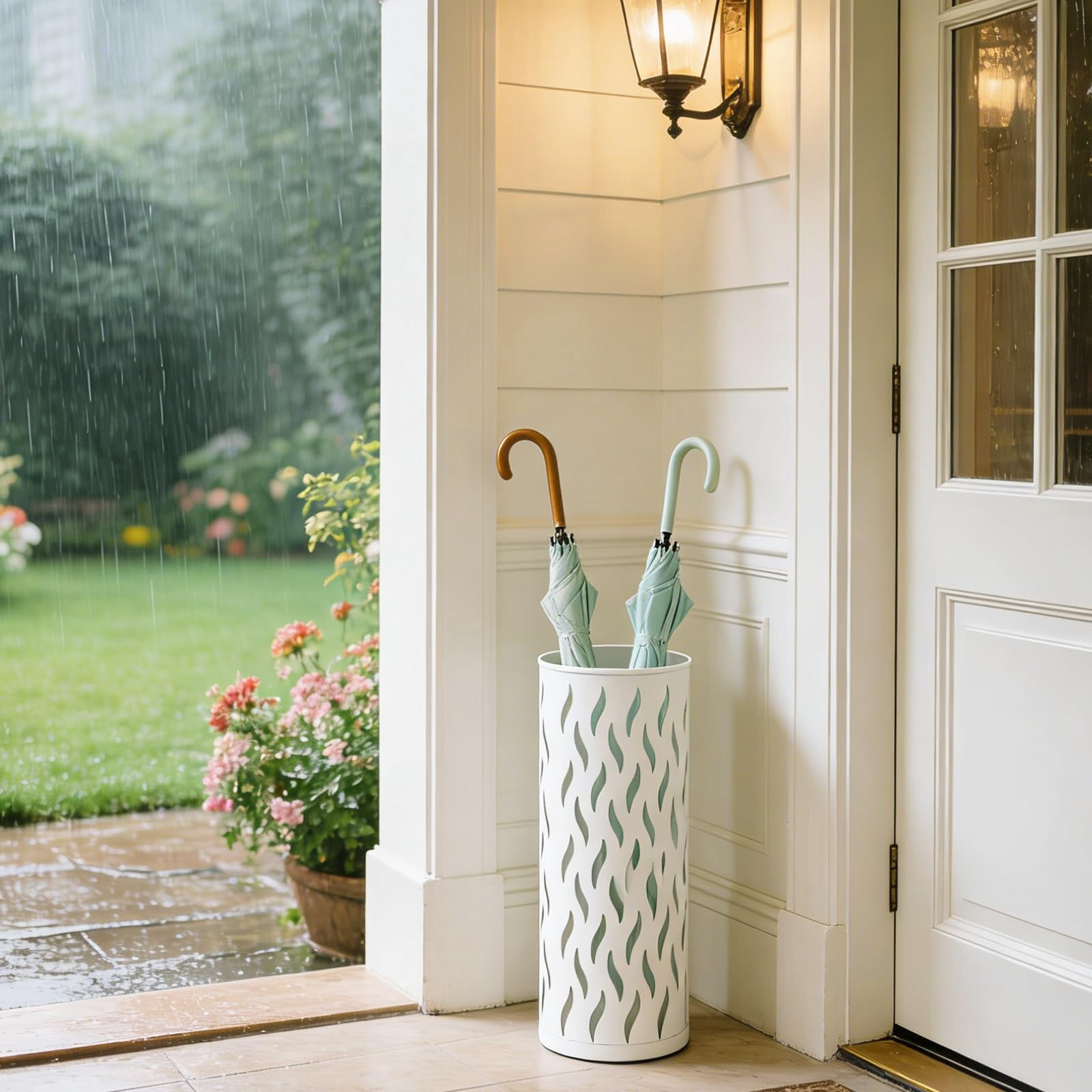 Umbrella Holder, Metal Umbrella Stand for Entryway, Umbrella Storage Rack with 4 Hooks Decor, Home, Office,5.8 × 5.8 × 16.4 (Black)