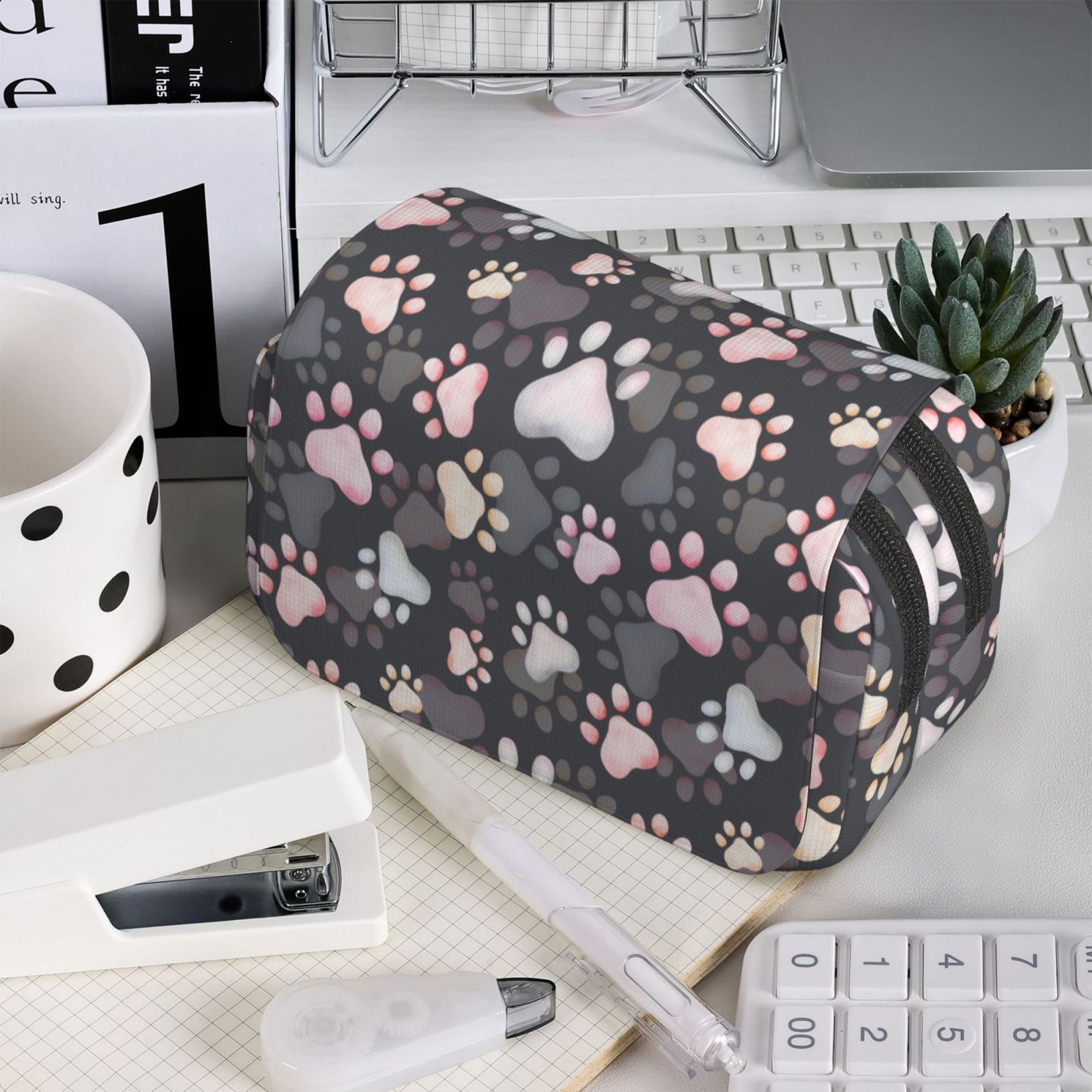 Rateoe Colorful Paws Of Dog Pattern Double Clamshell Pen Case, Storage Organizer with Two Zipper Compartments– Holds Up to 50 Pencils & Pens