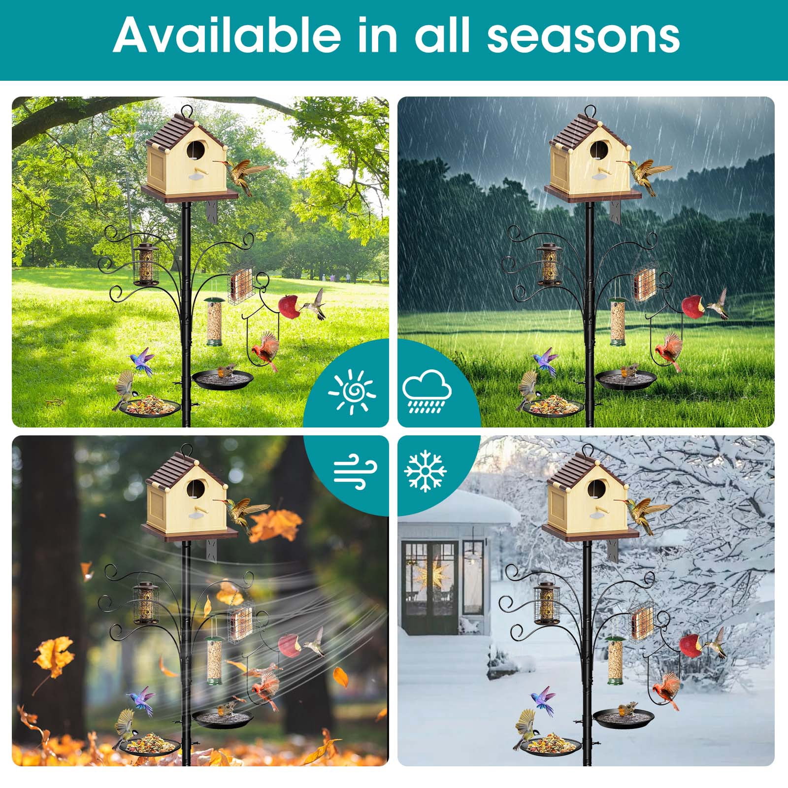 Bird Feeder Pole Squirrel Proof, 108 Inch Heavy Duty Bird House Pole, Adjustable Bird Feeder Stand with 5 Shepherds Hooks, 2 Mental Trays, Hummingbird Swing