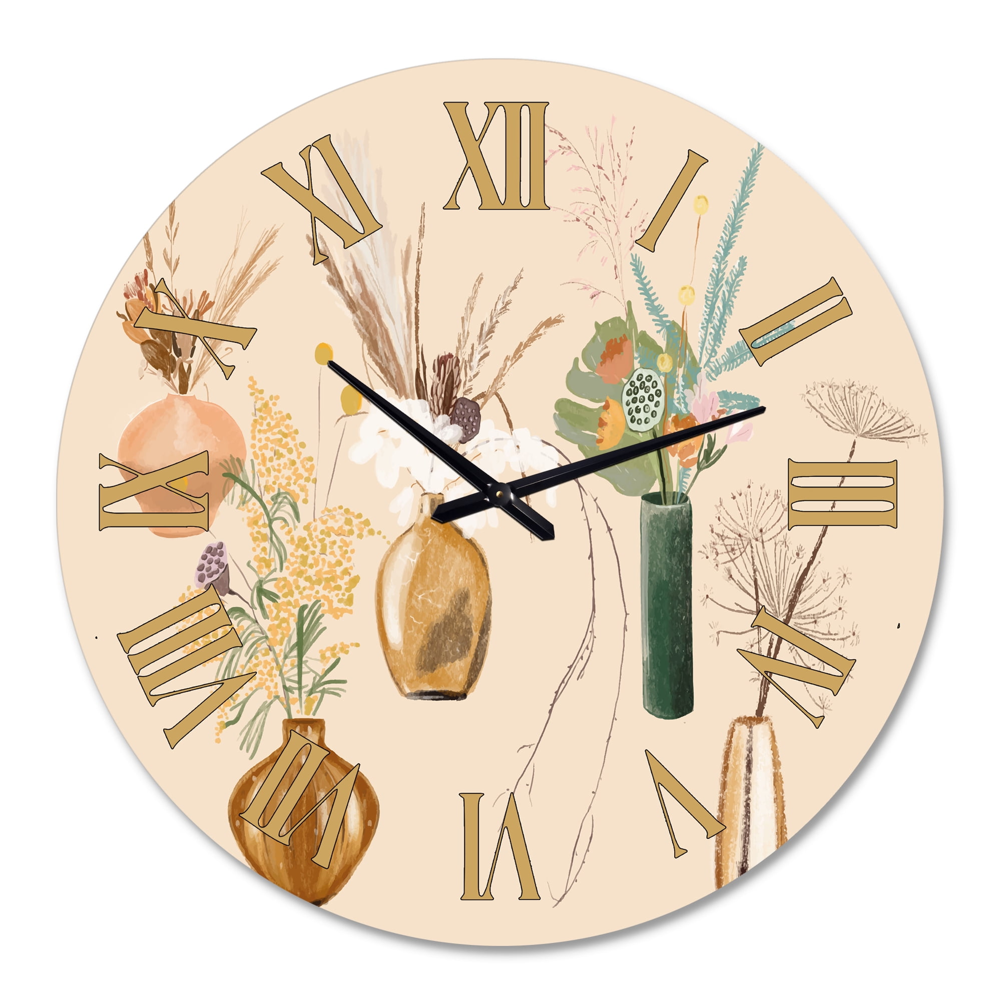 Designart 'Bouquets Of Wildflowers In Gold Vases Iii' Traditional Wall Clock