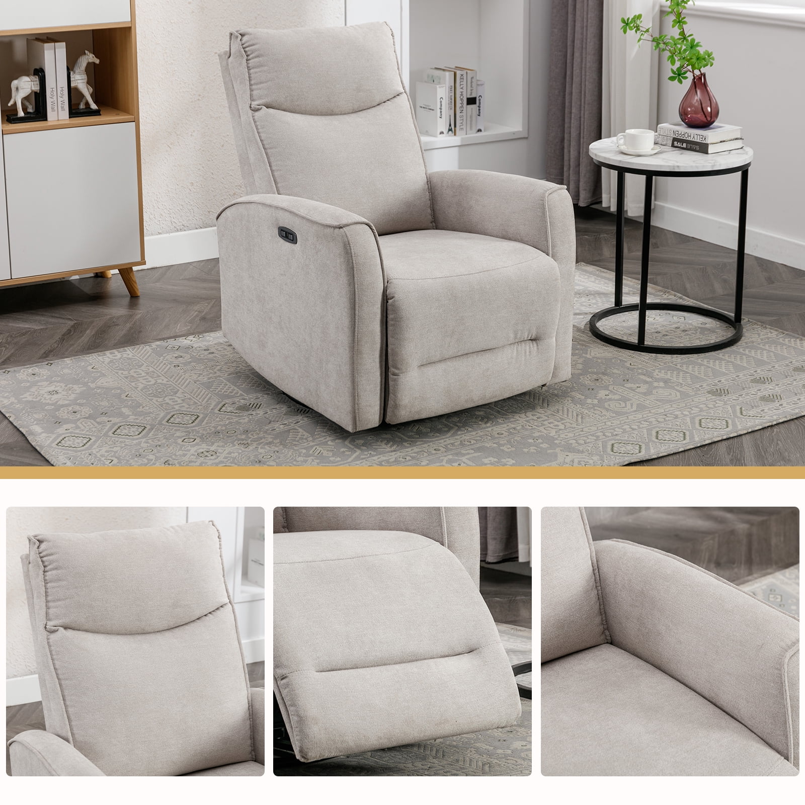 Bonzy Home Electric Recliner Chair, 270° Swivel Recliner Living Room Sofa Chair with USB Ports, Beige