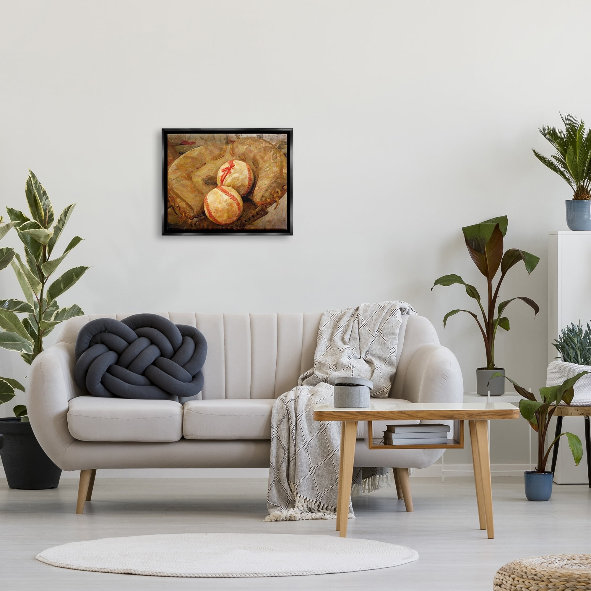 Stupell Industries Detailed Baseball Glove Mitt Holding Sports Balls Painting Luster Gray Floating Framed Canvas Print Wall Art, Design by Graffitee Studios