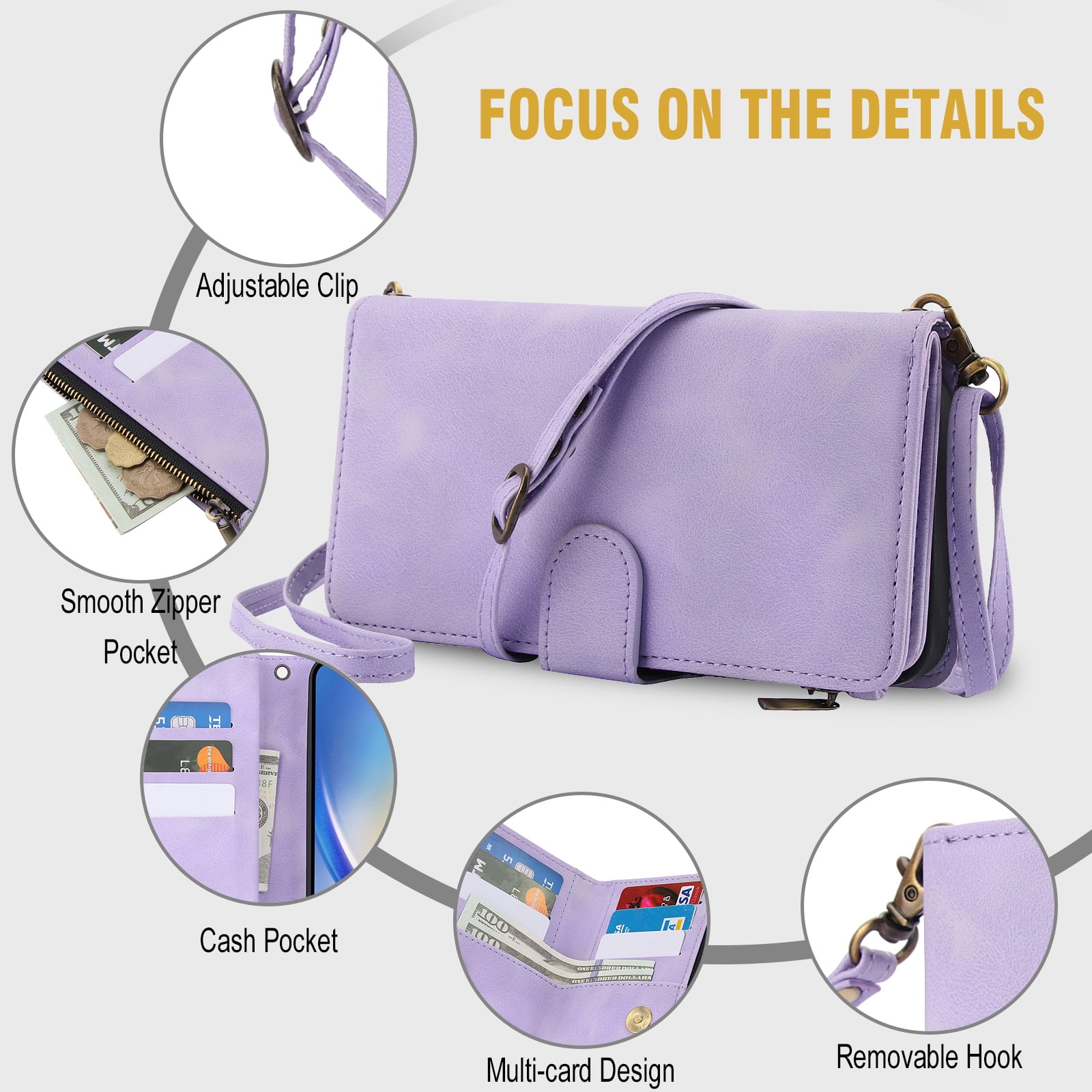 for Samsung Galaxy S24 FE Wallet Case with Card Holder for Women Men, Phone Case RFID Blocking PU Leather Flip Shockproof Cover with Shoulder + Wrist Strap Zipper Credit Card Slots Stand, Purple