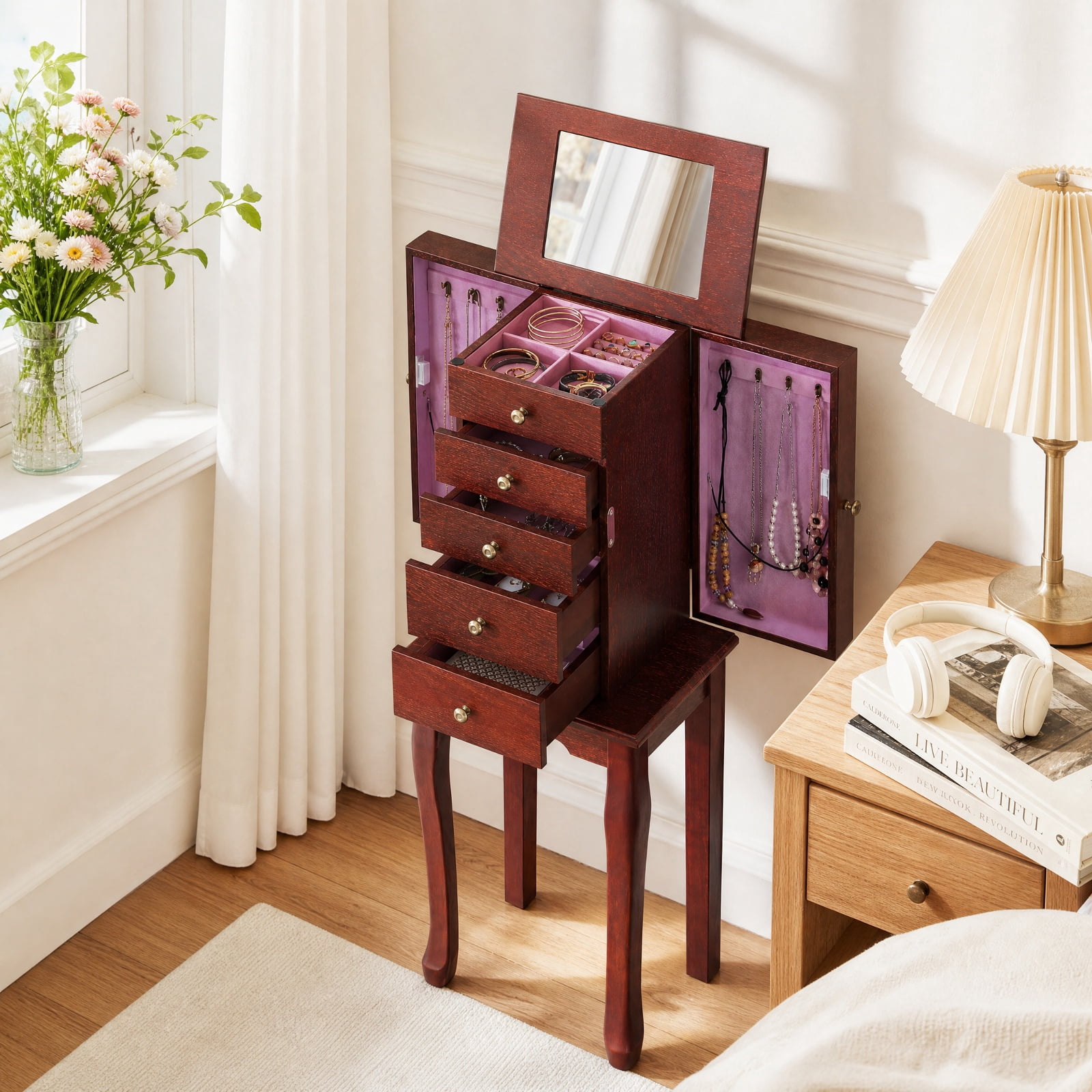 Furnibear 2 Colors Armoire Storage Standing Jewelry Cabinet with Mirror for Bedroom Dressing Room Jewelry Necklace Rings Storage Mirror, Brown