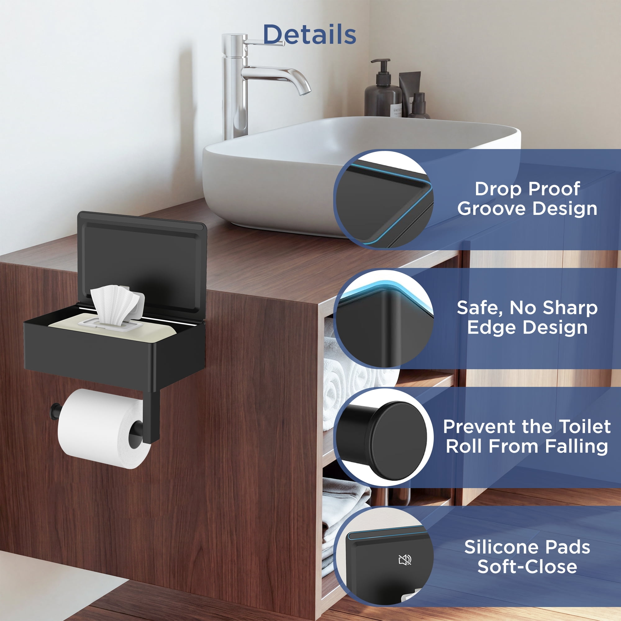 TVOFEK Matte Black Wall Mount Toilet Paper Holder with Shelf, Stainless Steel Hidden Flushable Wipes Dispenser for Bathroom Sanitary Napkins, Tampons