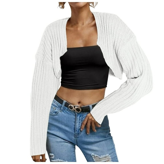 GEWSEY Cropped Cardigan Shrugs for Women Bolero Open Front Crop Sweater Long Sleeve Cardigan Fall Outfits Knit Tops Clothes (White, XL)