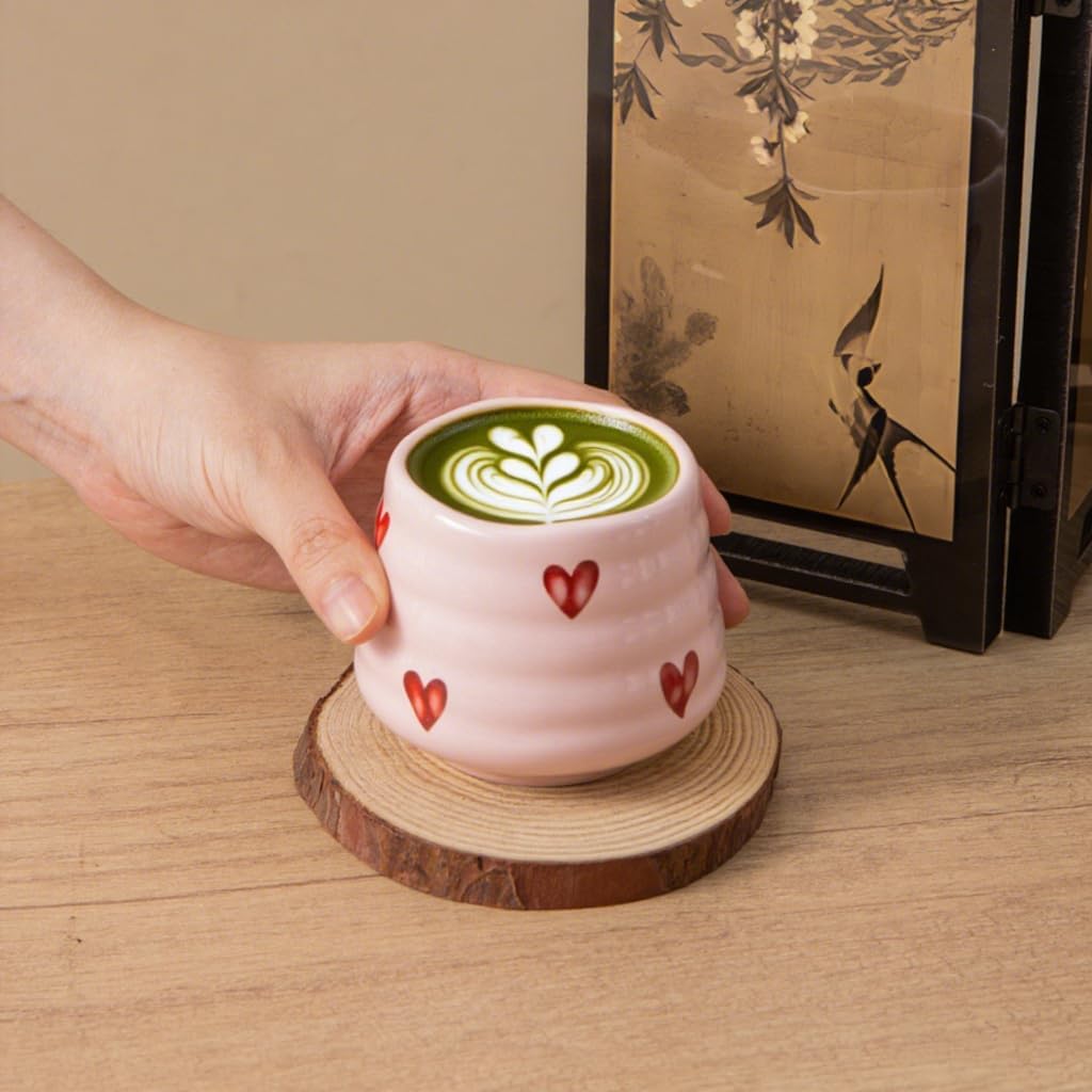 4 Pack 5oz Handless Ceramic Mini Coffee Mugs, Cute Heart‑Pattern Espresso & Matcha Tea Cups, Small Handcrafted Drinking Cups, Microwave & Dishwasher Safe for Coffee Tea Lovers & Gifts