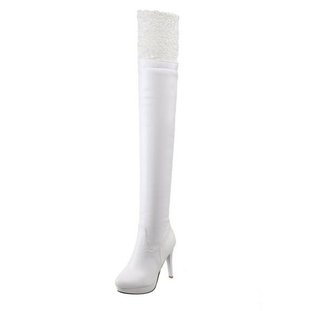 

jsaierl Women s Boots High Heel Lace Trim Boots Elegant Thigh High Boots Round Toe Stacked Riding Costume Boot