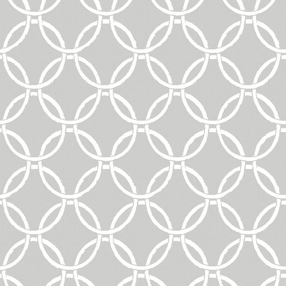 3122-11030 Quelala Grey Ring Ogee Wallpaper with Interlocking Circle Chain in Grey White Colors Modern Style Prepasted Acrylic Coated Paper