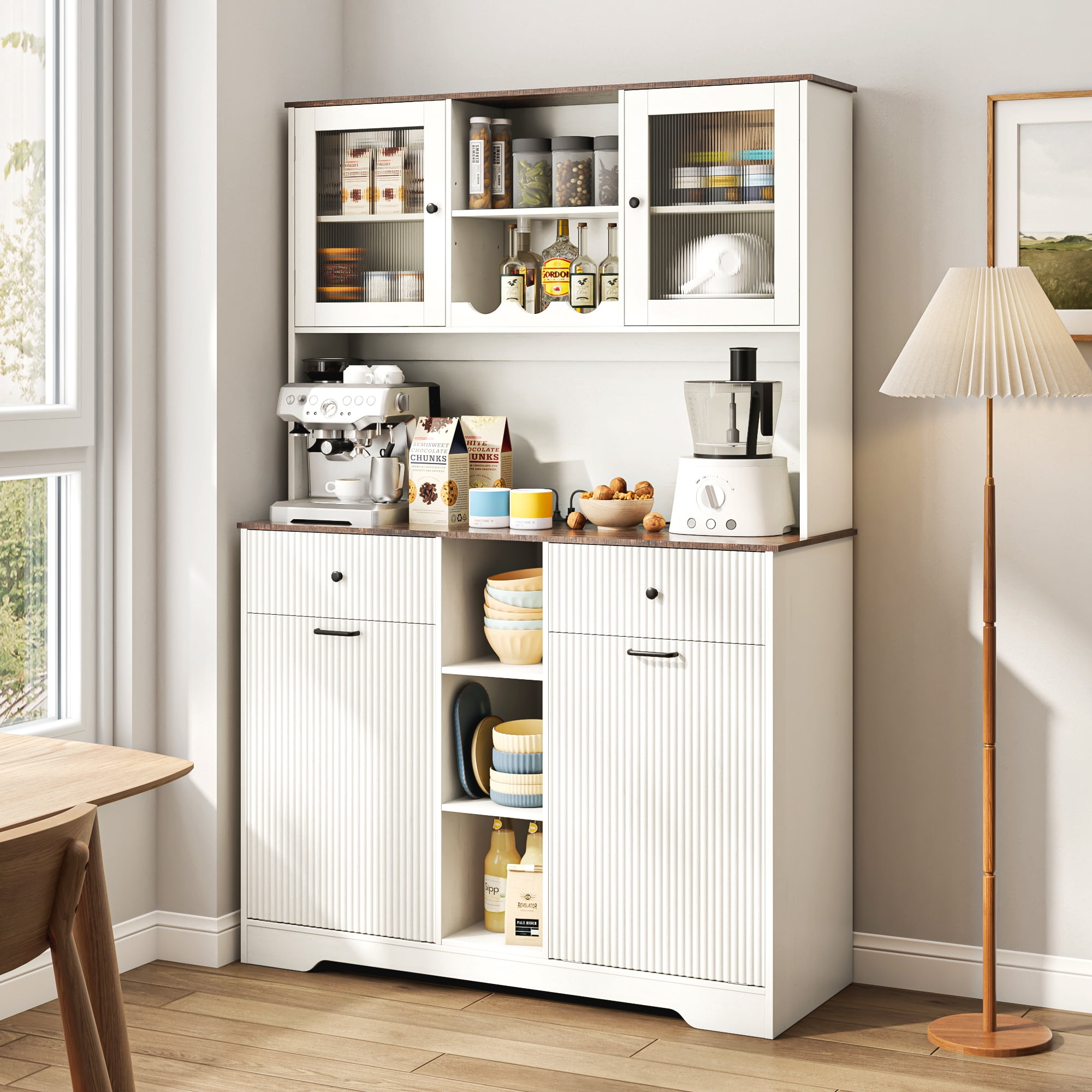 Blotout 47" Wide Kitchen Pantry Storage Cabinet with Charging Station & Microwave Stand, Tall Fluted Kitchen Hutch Cabinet, Double Tilt Out Trash Can Cabinet 10X2 Gallon