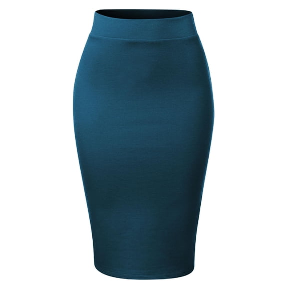 MixMatchy Women's Waist Band Midi Stretchy Ponte Basic Knee Pencil Skirt