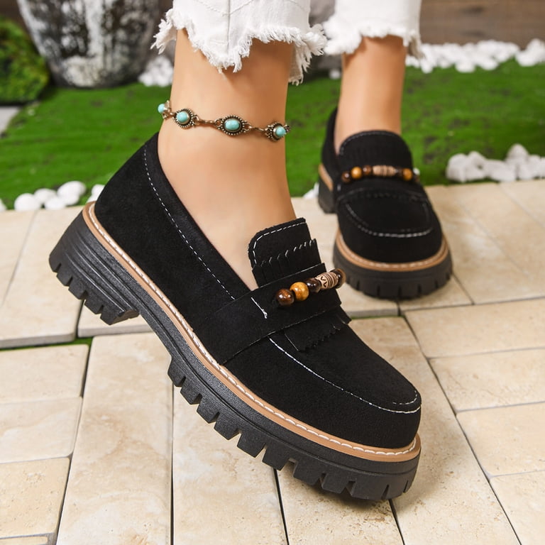 beaded dress shoes Rokment Ethnic Beaded Fringed Platform Slip on Penny Loafers Walking Shoes for Women Beach Casual Suede Chunky Lug Heels Oxfords Dress Footwear