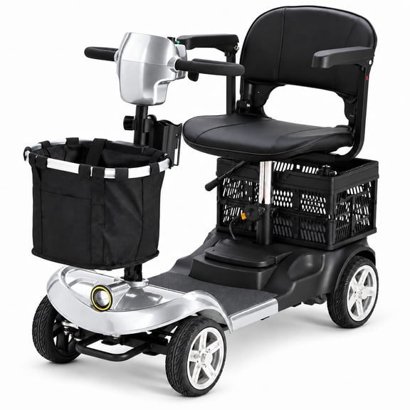 Mobigogo 4 Wheel Mobility Scooter for Adults & Seniors, Foldable Electric Mobility Scooter, 350W Motor, 330 lbs Weight Capacity, Detachable Battery, Dual Baskets, USB Charging Port,Silver